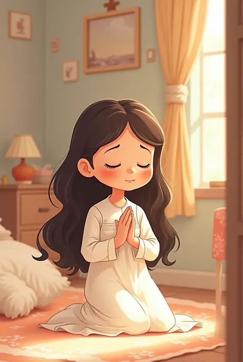 Beautiful young girl in decent long dress praying on her bed cartoon 
