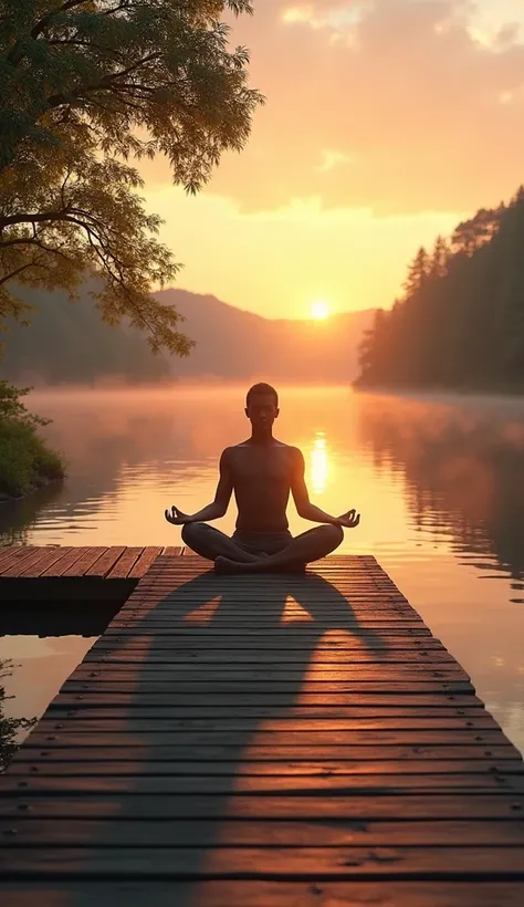 Ultra HDR, vibrant colors, realistic lighting, dramatic lighting, enhanced sharpness, bright highlights, hyper-realistic details. A tranquil lake at sunset, with soft light reflecting on the water, and a person meditating on a dock, symbolizing inner peace...