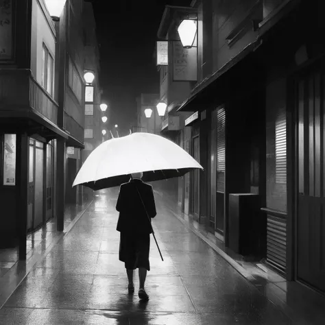 a black-and-white photograph of an old man walking with an umbrella in the rain, on a wet city street with dim streetlights, evo...