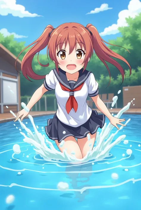 Anime picture, pool, high school girl, twin tails, splashing water, cute