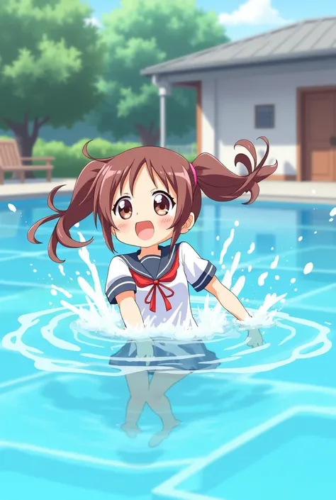 Anime picture, pool, high school girl, twin tails, splashing water, cute