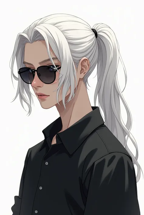 A very handsome boy with white hair and a twenty-year-old ponytail wearing translucent dark sunglasses and a black shirt. Casual style minimalist flat vector logo. Ultra-high drawing and ultra-clear. A masterpiece from the hands of a master.