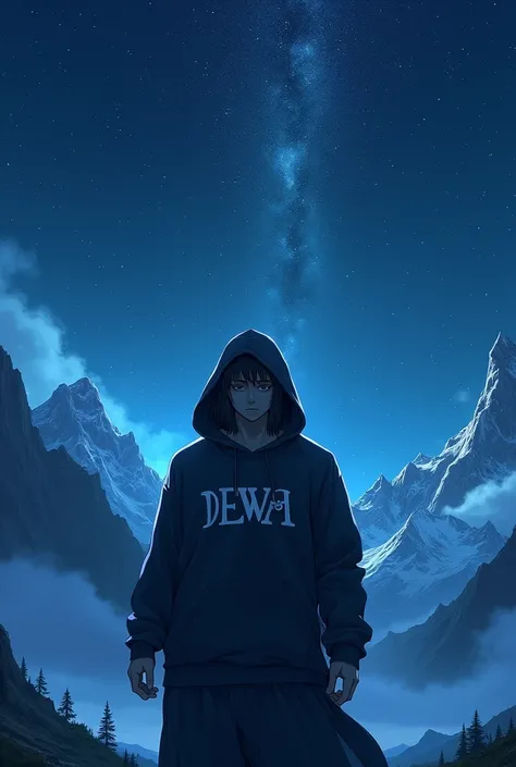 anime, mountain view, Man, Auror, super ultra HD, 2d dimensional hemisphere 3d feel, night and stars , real, Hoodie with DEWA name written in capital letters, rear camera 