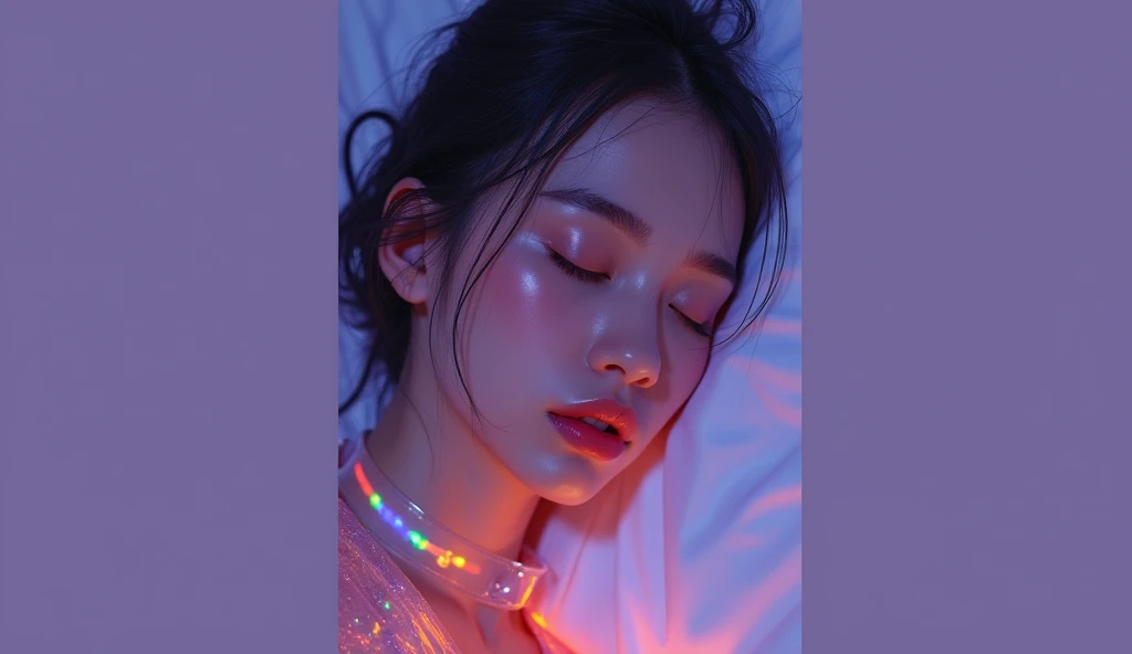 sandy esta dormindo, She was wearing a transparent plastic dress that reflected rainbow colors.., Beautiful attention to detail, Beautiful lip detail, very detailed目と顔, long eyelashes, eyes closed, realistic, 8k, High quality, work of art, very detailed, v...