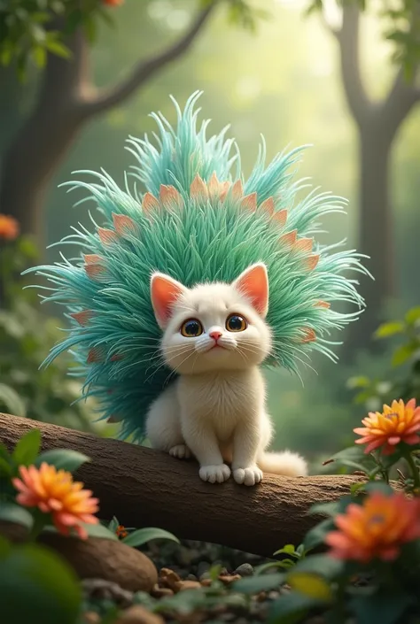 "Create a hyper-realistic image of a cute hybrid creature that combines features of a cat and a peacock. The creature should have the playful, round face of a cat, with bright, expressive eyes and a small, pink nose. Its body should be covered in soft fur ...