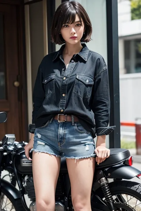 Cafe Racer,motorcycle,Matte Black,Bob with a Falling Front,(Check shirt),Denim shorts,boots,Japanese,girl,Red Lip,白と黒のCheck shirt,Bangs down,Oversized shirt,Take your shirt out of your pants,Unbutton all the buttons on your shirt