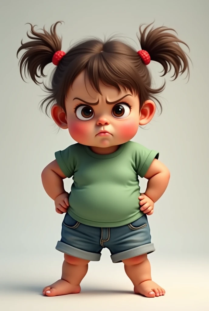 A small but fierce toddler stood with her hands on her hips, pouting in determination. Her cheeks were puffy with irritation, and her eyes were narrowed in a defiant and annoyed manner. Her messy brown hair was playfully tied into pigtails, although it did...