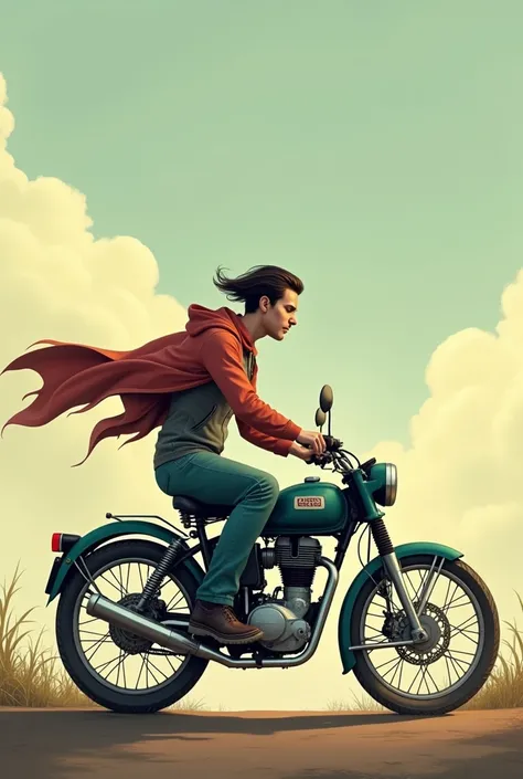 I want to create and image with half bicycle transitioning into half  royal enfield motorcycle with a rider sitting on it which is half ordinary man and half superhuman. It should be a side animated image. The ordinary man struggling with depression, and a...