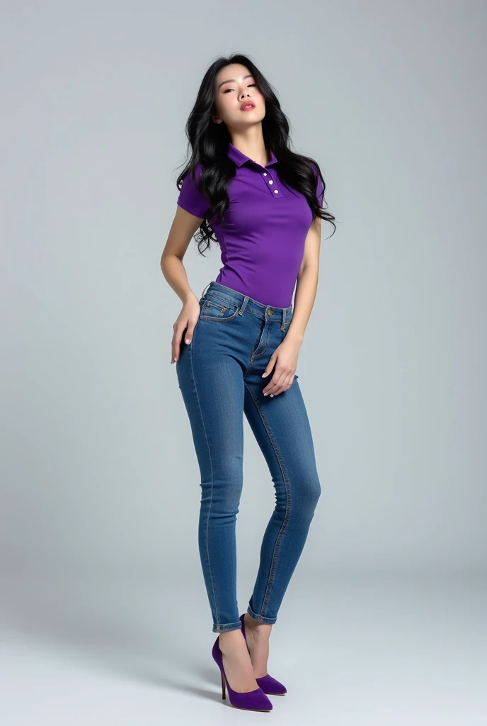 Bergaya photography,beautiful korean women,black hair,ideal body,solid chest,wearing a purple tight tennis polo,wearing tight blue jeans,wearing purple high heels,blowing a kiss sideways,close eyes,best quality 8k hd,detail,photography, standing in full he...