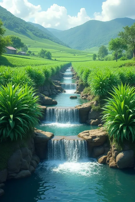 In the countryside, A waterfall has cassava field 