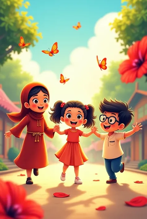 3 multiracial Malaysian kids, 1 Malay girl wearing hijab and very long sleeves Malaysia traditional dress over feet length, 1 Indian girl dark skin, wearing long dress and 1 Chinese boy wearing long pants and glasses are celebrating Malaysia day, cartoonis...