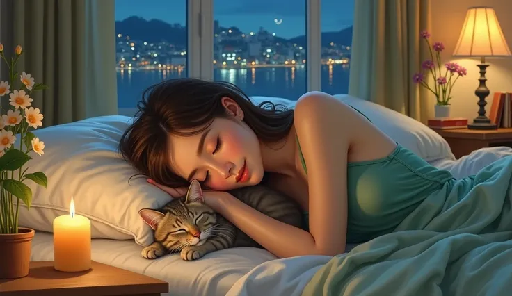 colored lighting, beautifully detailed closed eyes, long eyelashes, Beautifully detailed lips, brown hair,  sleeping, closed voice. Dream environment, soft pillows, green pajamas, calm expression, Relaxing Posture, serene humor, subtle shadows, some natura...