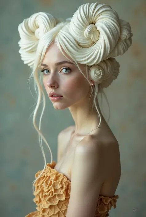 Portrait of a lady with updo long white hair into the shape of a soft serve ice cream, wearing a waffle cone dress.