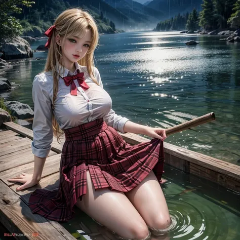 big breasts , big tits , thai school girl , long skirt dark red , long plaid skirt , pleated skirt , red knot , red bow , Soak in water , rain , steam ,