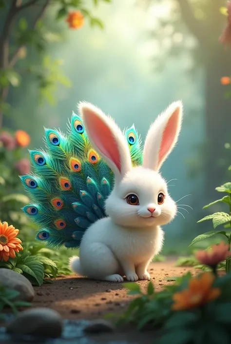 "Create a hyper-realistic image of a charming hybrid creature that combines features of a rabbit and a peacock. The creature should have the soft, rounded body and expressive face of a rabbit, complete with long ears that are adorned with iridescent peacoc...