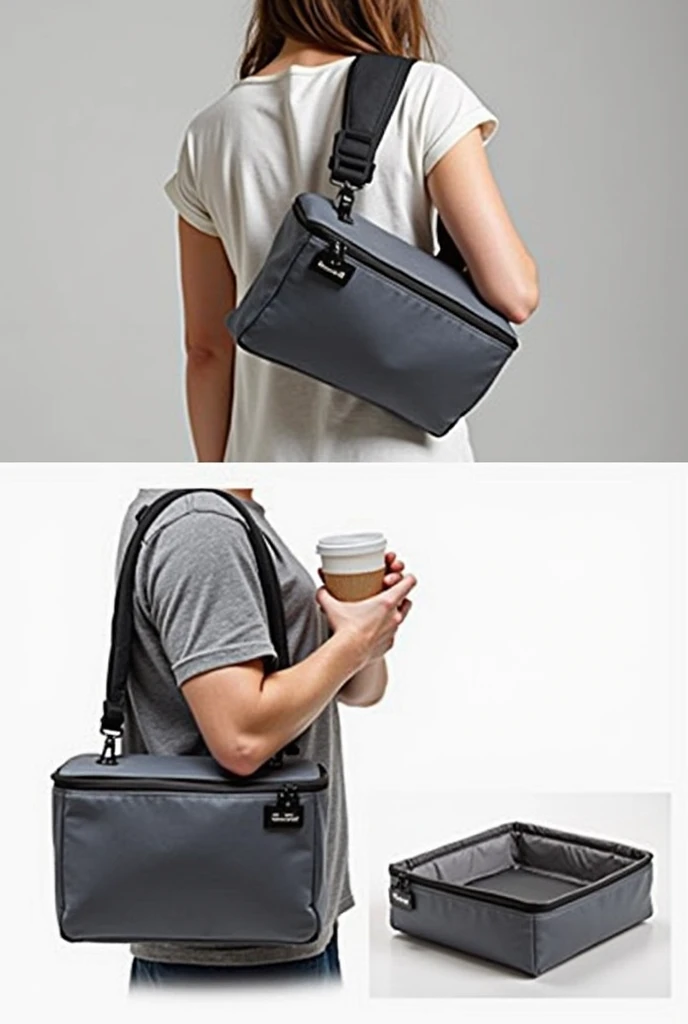 a lunch container bag that is portable and can be attached to the body and has a surface to rest and eat from 
