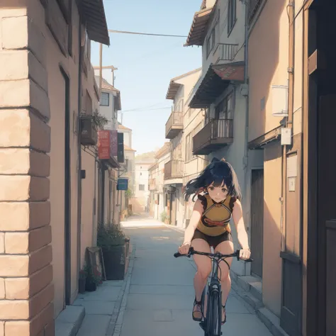 A minimalist artwork of a girl riding a bicycle through a city alley, with pastel-colored buildings and a soft blue sky in the background, evoking a calm and joyful mood.