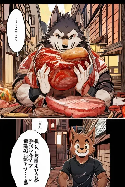 Comics、Japanese Manga、 A scene where they talk about meat、Comical werewolf in a long-sleeved black shirt、Right in front of you、A delicious looking cartoon of meat appears、Happy Face、smile、cute、Draw meat in color