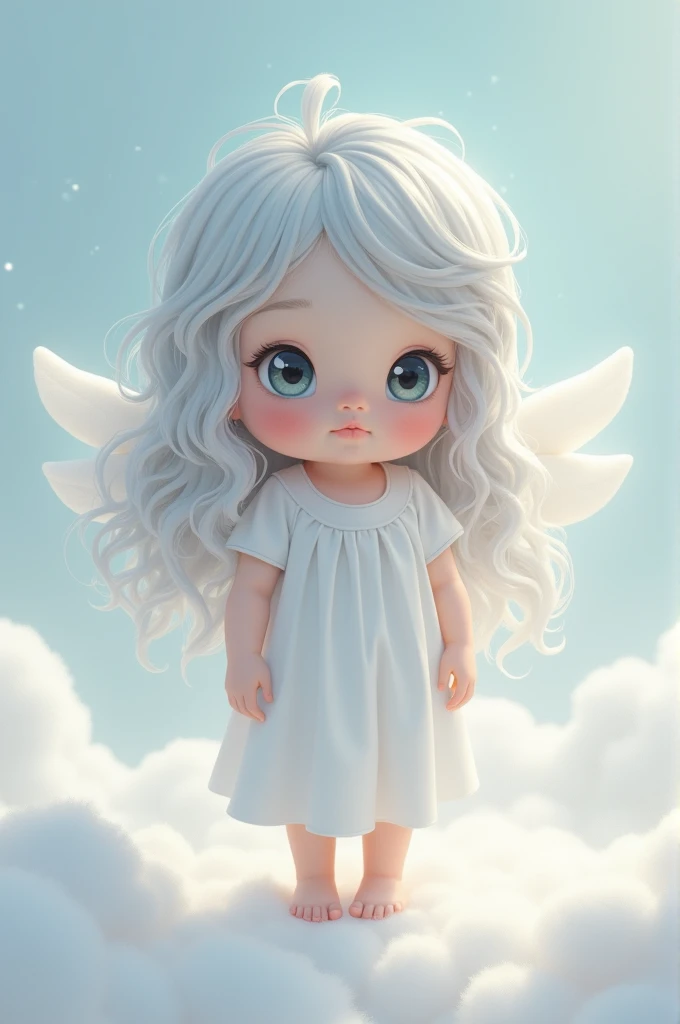  boy little long wavy silver hair shoulder length pearl blue eyes white knee length dress chubby face long eyelashes and pastel pink lips barefoot 