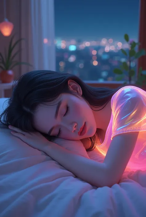 sandy esta sleeping, She was wearing a transparent plastic dress that reflected rainbow colors.., Beautiful attention to detail, Beautiful lip detail, very detailed目と顔, long eyelashes, eyes closed, realistic, 8k, High quality, work of art, very detailed, v...