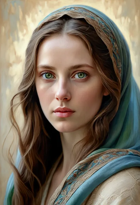  "A realistic portrait of a woman with striking green eyes and long brown hair. She is wearing a soft, flowing beige and blue shawl that covers part of her hair and head. The shawl has delicate patterns, blending shades of blue and earthy tones. Her expres...