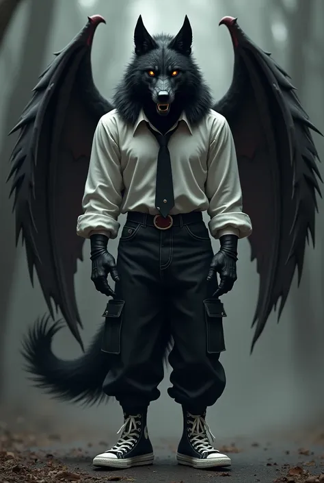 black wolf cut, orange eyes, tall, dark red demon horns, black floating wings on his sides to fly, a black demon tail, and canine like sharp teeth, wearing a white blouse, black tie,  black baggy jeans, and black high top converse 