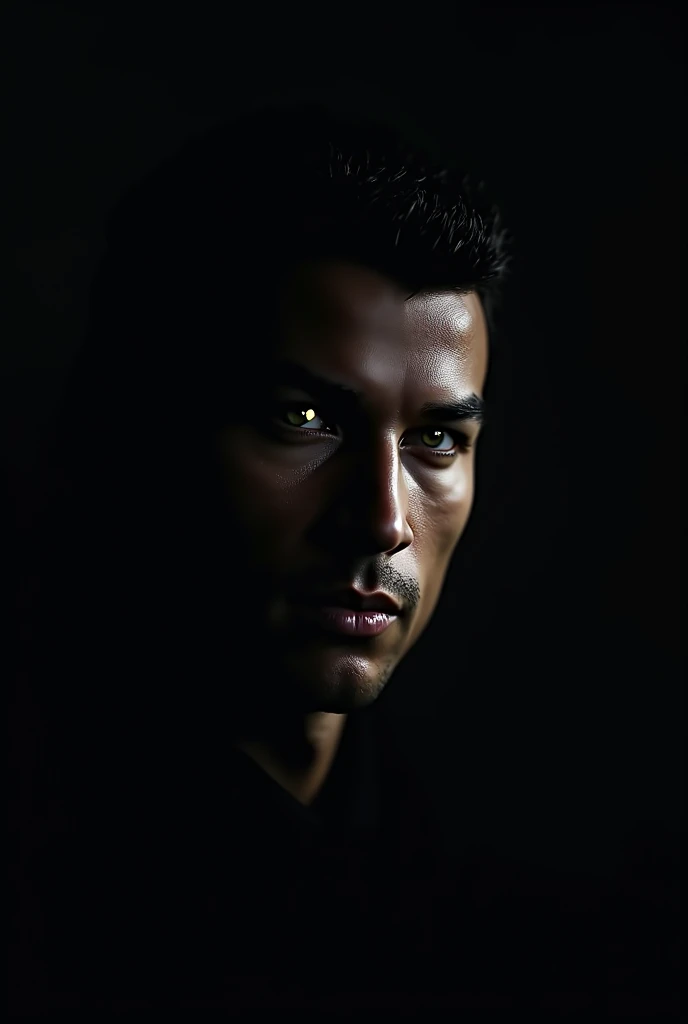 Cristiano Ronaldos head emerging from a dark background, with only slight light reflecting off its face. RONALDO should have intense expression, with glowing eyes. The overall aesthetic should be dark and mysterious, with minimal lighting.