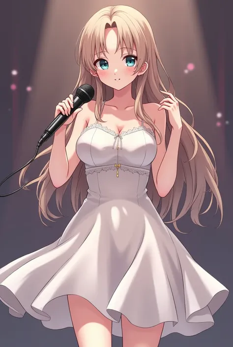 Anime girl pose standing holding a mic, high, santai, wearing a dress, dewasa