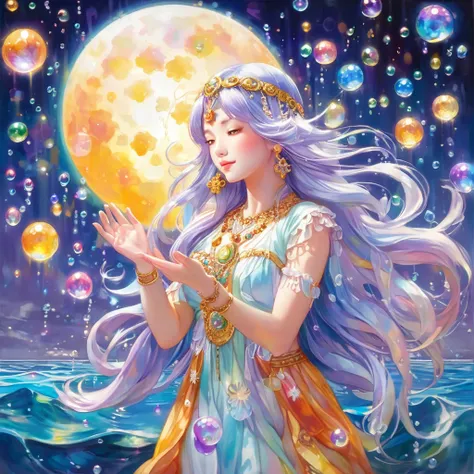 Mystical fortune teller，Looking up at the sky，Put your hands up，Colorful colors, moon，sun，star，surrounded by water bubbles, Cute Style, Masterpiece anime-style oil painting, Angle that captures the whole body, Tyndall effect water droplets, Mother of Pearl...