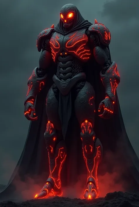 Shadow wearing black and glowing lava armor robot with red glowing snake eyes on a pitch black night 