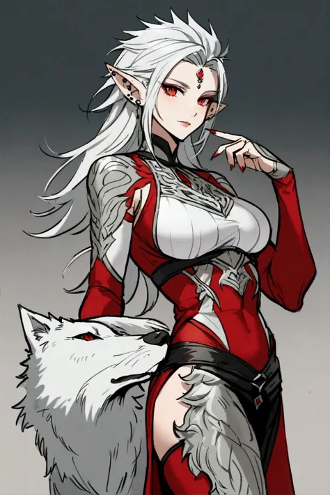 Kaelis Thornheart has a wild and striking appearance., with white hair and silver highlights. His crimson red eyes are piercing and watchful, and his slightly pointed ears reveal his wolf heritage. She has fair skin, with a slightly grayish tone, and his b...