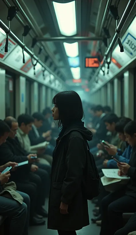 A girl stands in a crowded subway station in a big Chinese city, Holding onto the handrail on the train. Everyone around me is looking at their cell phones or reading the newspaper.."