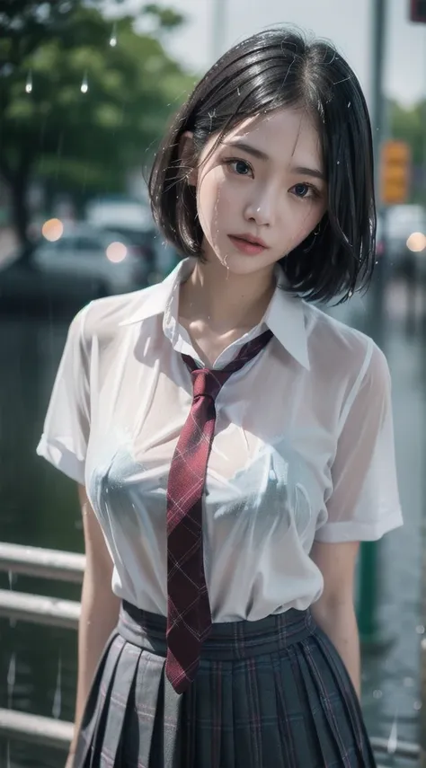 violaceaess, (gardeniass, rosaceaess:0.8), (masterpiece, best quality:1.4), delicate girl, beautiful short hair, close up, school uniform, white dress shirt, short sleeve, dark grey pleated plaid skirt, 8k, 50mm portrait, raw photo, absurdres, breasts focu...