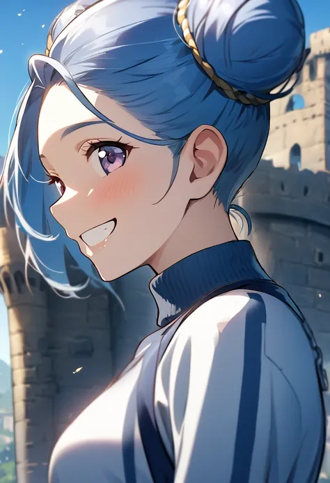 1girl, smile, close up, castel, blue hair,  back focus,happy,turtleneck,clothing aside,double vertical stripe.double bun,from si...