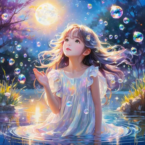 Mysterious girl，Looking up at the sky，Put your hands up，Colorful colors, moon，sun，star，surrounded by water bubbles, Cute Style, Masterpiece anime-style oil painting, Angle that captures the whole body, Tyndall effect water droplets, Mother of Pearl Iris, H...