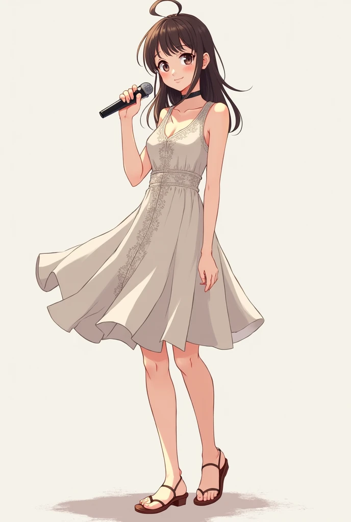 Anime girl pose standing holding a mic, high, santai, wearing a dress, mature, full body, front camera 