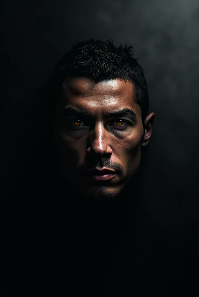 Cristiano Ronaldos realistic head emerging from a dark background, with only slight light reflecting off its face. Cristiano RONALDO should have intense expression, with glowing eyes. The overall aesthetic should be dark and mysterious, with minimal lighti...