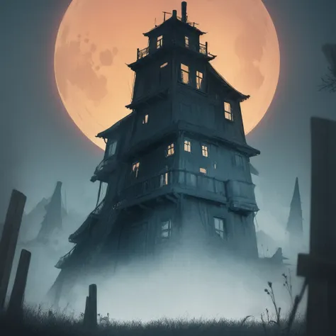 a horror painting of an abandoned old house in a foggy forest, with a full moon in the background, evoking a creepy and tense mo...