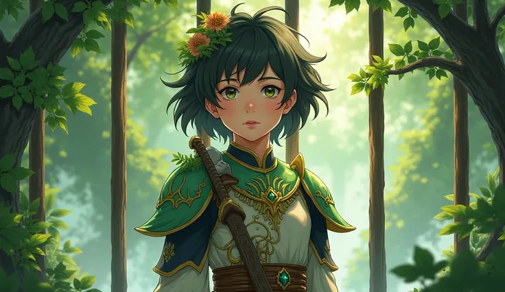 A young anime warrior with hair adorned with leaves and flowers, wearing light armor that accentuates its V-shape, with broad shoulders and a narrow waist. She is in a lush forest, wielding a sword made of branches and precious stones, ready to protect you...