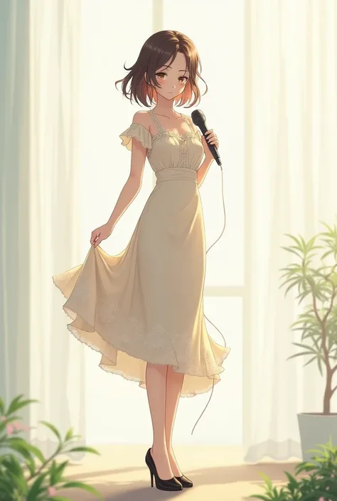 Anime girl pose standing holding a mic, high, santai, wearing a dress, dewasa, full body, front camera, facing the krii