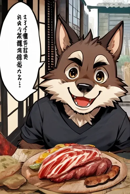 comics、Japanese Manga、 The scene where they talk about meat、Comical werewolf in a long-sleeved black shirt、Right in front of you、A delicious looking cartoon of meat appears、Happy Face、smile、cute、Draw meat with colors