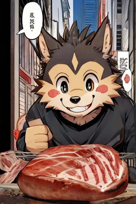 comics、Japanese Manga、 The scene where they talk about meat、Comical werewolf in a long-sleeved black shirt、Right in front of you、A delicious looking cartoon of meat appears、Happy Face、smile、cute、Draw meat with colors