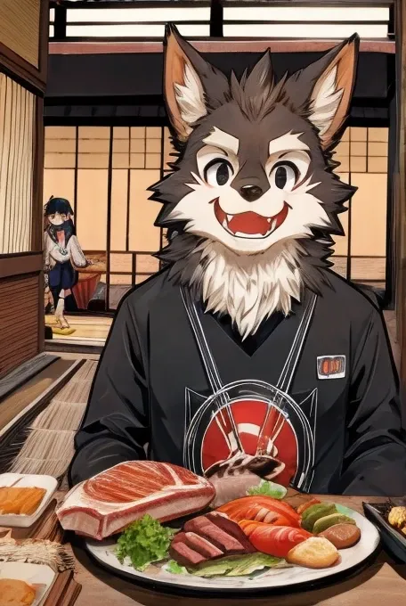 comics、Japanese Manga、 The scene where they talk about meat、Comical werewolf in a long-sleeved black shirt、Right in front of you、A delicious looking cartoon of meat appears、Happy Face、smile、cute、Draw meat with colors