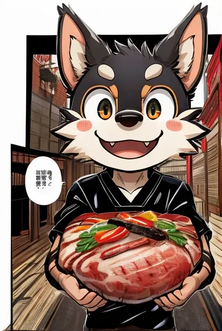 comics、Japanese Manga、 The scene where they talk about meat、Comical werewolf in a long-sleeved black shirt、Right in front of you、A delicious looking cartoon of meat appears、Happy Face、smile、cute、Draw meat with colors