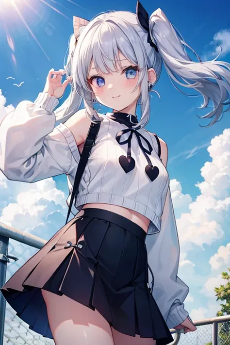 Silver-haired blue eyes、 girl、Small breasts、Twin tails、Laughter、Nico Nico Smile、Wink、 girl、Looks about 、Petan Musume、short、There are highlights on the eyes、Gal-like appearance、Wearing piercings、Knitted sweater, No sleeve, Bodyline, Underarm、mini skirt、The ...