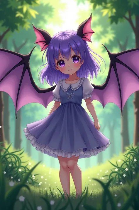 A fair-skinned woman with purple hair and bat wings on her back. She has a pretty face and big eyes, a little bit of an anime. She stands in the middle of the bright trees and grass.*