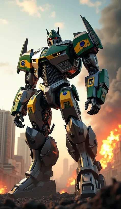 Create a highly detailed and ultra-realistic cinematic scene of Brasil as a powerful Transformer. The Transformer should embody the cultural and architectural elements of the country, such as iconic landmarks, traditional patterns, and national colors. The...