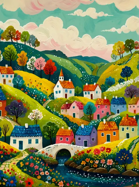 a painting of a village with a river and houses on a hill, a storybook illustration by bohumil kubista, featured on behance, nai...