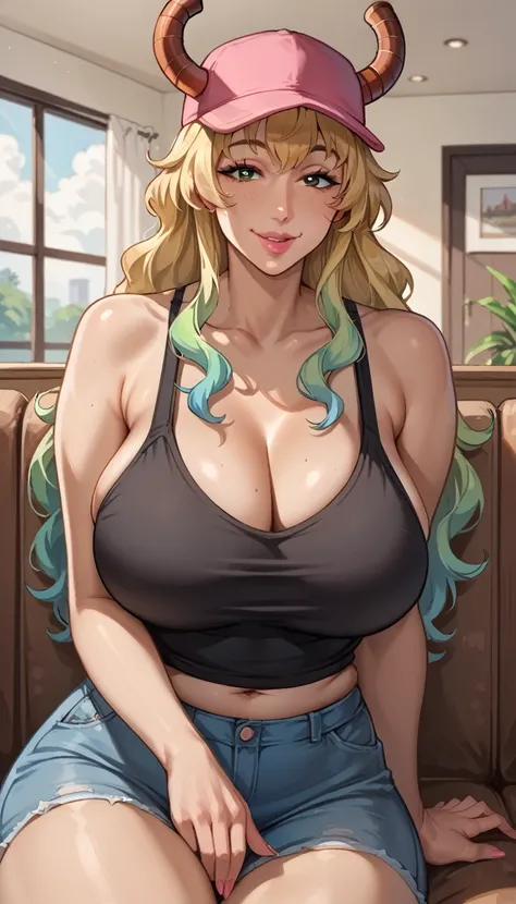 1girl, mature female, older, huge breasts, milf, motherly, wide hips, curvy, lucoa, horns, pink cap, black tank top, shorts, collarbone, lips, score_9, score_8_up, score_7_up, score_6_up, source_anime, Accurate describe shapes, beautiful face, expressive e...