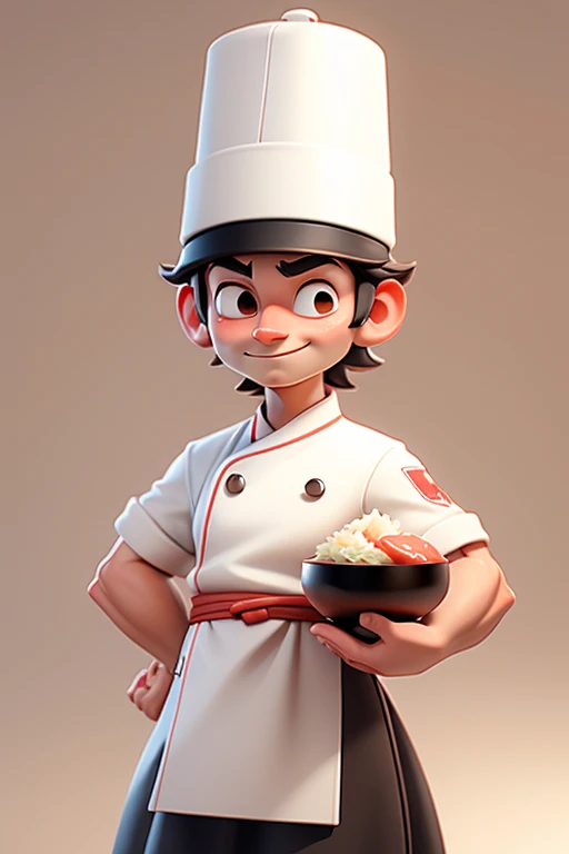 A 3d cartoon chef with a white hat and red sash holds a steaming sushi on a plate, standing against a plain beige background. The atmosphere is warm and inviting, with soft lighting highlighting the details of the food and the chefs uniform.